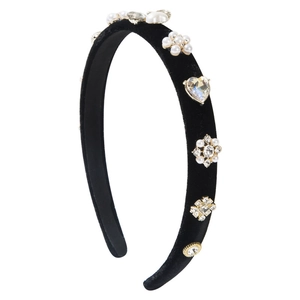 Elegant baroque velvet headband with faux pearls and rhinestone heart crystals