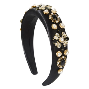 Serre-tête baroque avec perles et strass noirs sur base en satin noir élégant