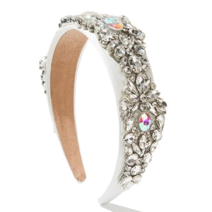 Luxurious white satin headband with sparkling rhinestones and colorful AB crystals
