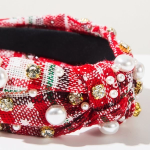 Detail of festive plaid headband with sparkling rhinestones and white pearls inlay