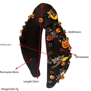Dimensions détaillées du serre-tête Halloween avec strass, crâne et citrouille