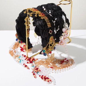 Vintage Ethnic Beaded Tassel Headband Satin Woven Hair Hoop With Rhinestones And Artificial Pearls For Wedding Party Women Jewelry Accessories