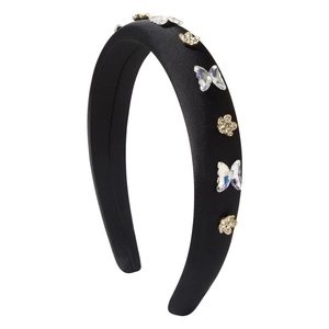 Serre-tête rembourré noir élégant avec papillon en cristal baroque et ornements floraux