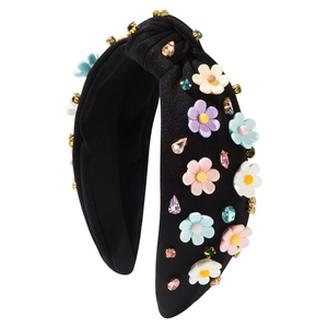 Serre-tête baroque large à nœud avec fleurs 3D colorées et strass brillants décoratifs