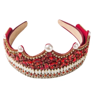 Serre-tête baroque de luxe avec cristaux rouges et perles blanches sur base en velours