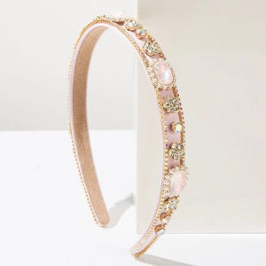 Baroque pink padded headband with floral crystals and opal stones for elegant parties
