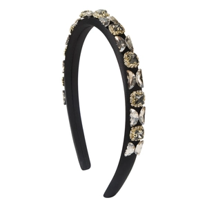 Fashionable black satin headband with rhinestone butterflies and crystals on white background