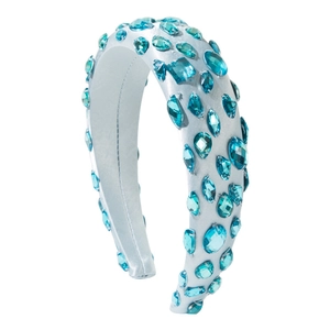Light blue satin padded headband with shimmering water blue crystals in a retro style
