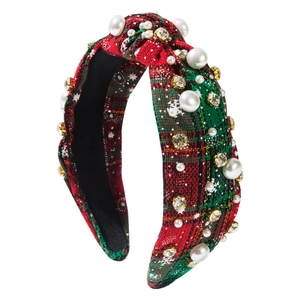 Christmas plaid knotted headband with red green tartan snowflakes pearls and rhinestones