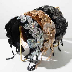 Baroque Vintage Fabric Flower Padded Headband For Women Luxury Rhinestone Beaded Tassel Wide Hair Hoop Party Hair Accessories
