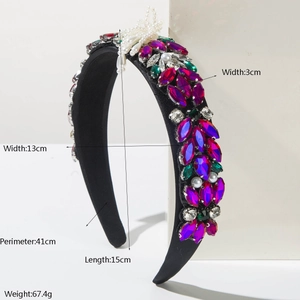 Detailed view of Baroque headband with colorful rhinestones and white pearl clusters