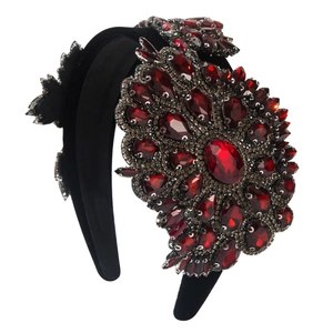 Baroque black velvet headband with vintage red crystal flowers and rhinestones