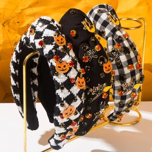 Serre-tête Noué d'Halloween pour Femmes Noir Blanc Pied-de-poule Bandeau Large Avec Strass Citrouille Squelette Chat Décor de Fête