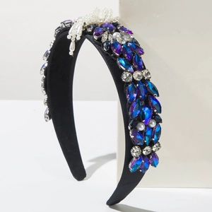 Detailed view of Baroque headband with blue purple rhinestones and white pearls