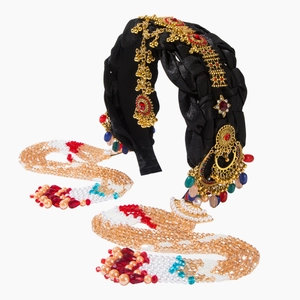 Ethnic style braided headband with golden metal pendants and colorful beaded tassels