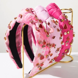 Wide Knotted Headband For Women Satin Fabric Rhinestone Faux Artificial Pearl Embellished Heart Rose Pattern Sweet Hair Accessories