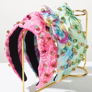 Süßigkeiten Farbe Batik Stoff Geknotete Breite Haarreif Bunte Strass Schmetterling Verzierung Süß Elegant Haarschmuck Für Damen