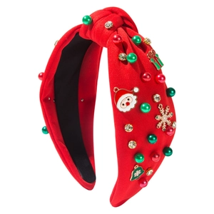 Cerchietto natalizio in tessuto rosso con perle, strass e ciondoli festivi in smalto
