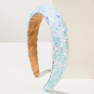Sparkly light blue sequin sponge headband for women with iridescent heart and star glitter