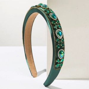 Green baroque velvet padded headband with luxury rhinestones and emerald emerald jewels