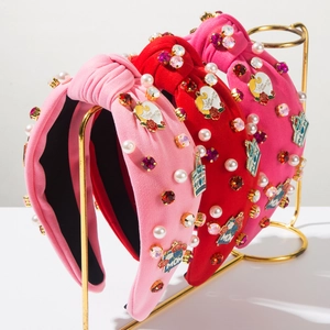 Mother Day Theme Wide Knot Headband With Artificial Pearl Rhinestone Alloy MOM Enamel Charms Fashion Fabric Hair Accessories For Women