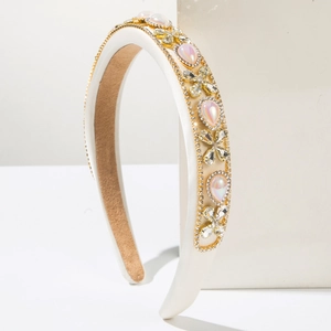 Baroque style wide fabric headband with white satin, pink pearls and luxury rhinestones