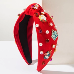 Red knotted headband with MOM charms, pearls and rhinestones for Mother's Day gift