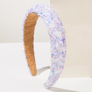 Sparkly purple sequin sponge headband for women with star accents on white background