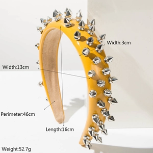 Fashionable bright yellow wide leather headband with punk silver cone metal rivet studs
