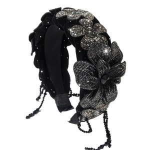 Luxurious velvet braided headband with sparkling rhinestone flowers and hanging bead tassels