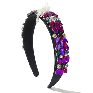 Baroque wide velvet headband with colorful rhinestones and white pearl bow accent