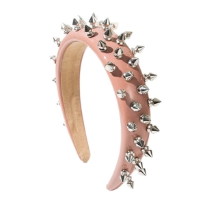 Punk style pink faux leather wide headband with silver metal studs and padded sponge