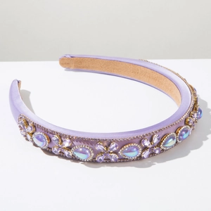 Detail of lavender baroque headband with sparkling purple crystals and rhinestones