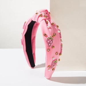 Pink strawberry headband with sequins, white pearls and sparkling rhinestones detail