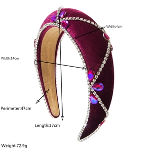Detailed view of burgundy velvet headband with pink crystal teardrops and silver rhinestones