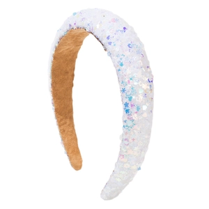 Thick padded sponge headband featuring white fabric with iridescent star-shaped sequins