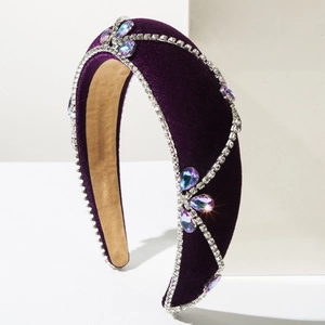 Detailed macro view of purple velvet headband with silver diamond chains and teardrop gems