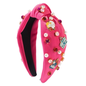 Hot pink knitted knot headband with pearls, rhinestones and Mother's Day MOM charms