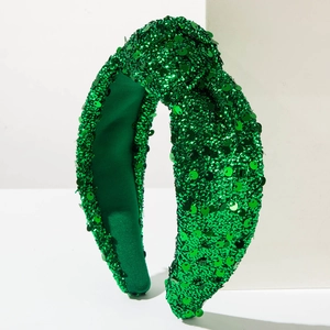 Elegant emerald green sequin knotted headband for women featuring high shine metallic finish