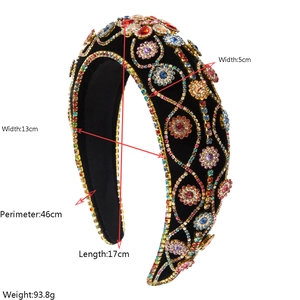 Baroque velvet headband with colorful crystals showing size 5cm width and 17cm height