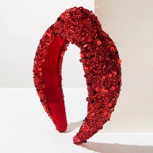 Sparkly red sequin knotted headband for women featuring a high-top wide festive design
