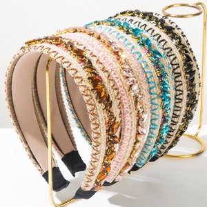 Women Braided Fabric Headband Western Style Rhinestone Padded Hair Band Sweet Fashion Commuting Hair Accessories