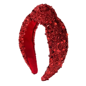 Sparkly red sequin knotted wide headband for women with high crown vintage style