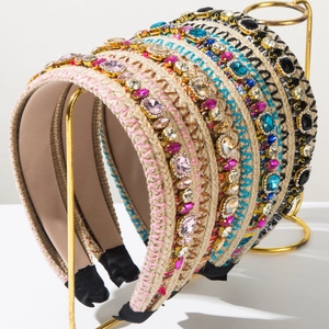 Bohemian Handmade Braided Yarn Headband For Women Vintage Multicolor Rhinestone Inlaid Wide Hair Hoop Padded Fashion Accessory