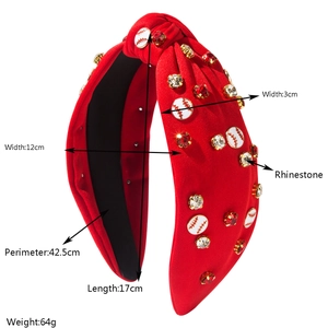 Detailed view of red fabric baseball headband showing dimensions and rhinestone accents