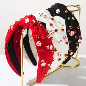 Women Fashion Baseball Pattern Rhinestone Knotted Headband Wide Cloth Fabric Hair Band Sporty Style Hair Accessories