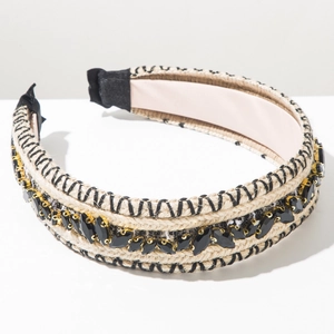 Detail of woven fiber headband with black marquise gems and gold metal chain trim