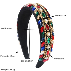 Detailed view of Baroque wide headband with colorful crystals and pearls with size markings