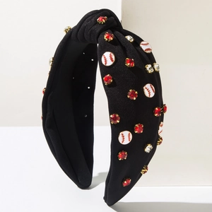 Detail of black knotted headband with baseball charms and sparkling rhinestones