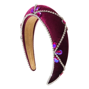 Baroque wine red velvet headband with rhinestones and pink crystal flower patterns